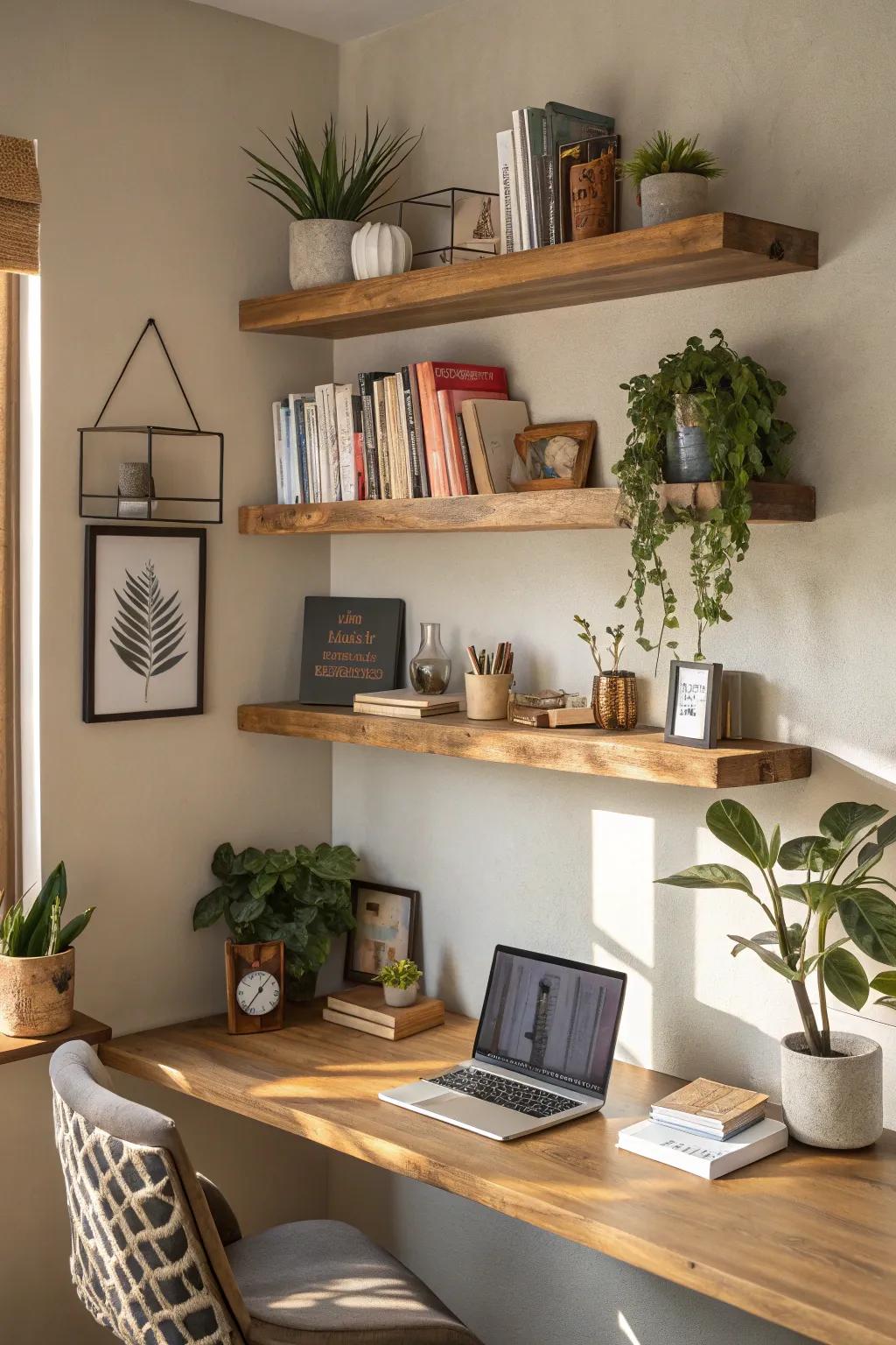 Elevated timber ledges introduce warmth and flair to your office nook.