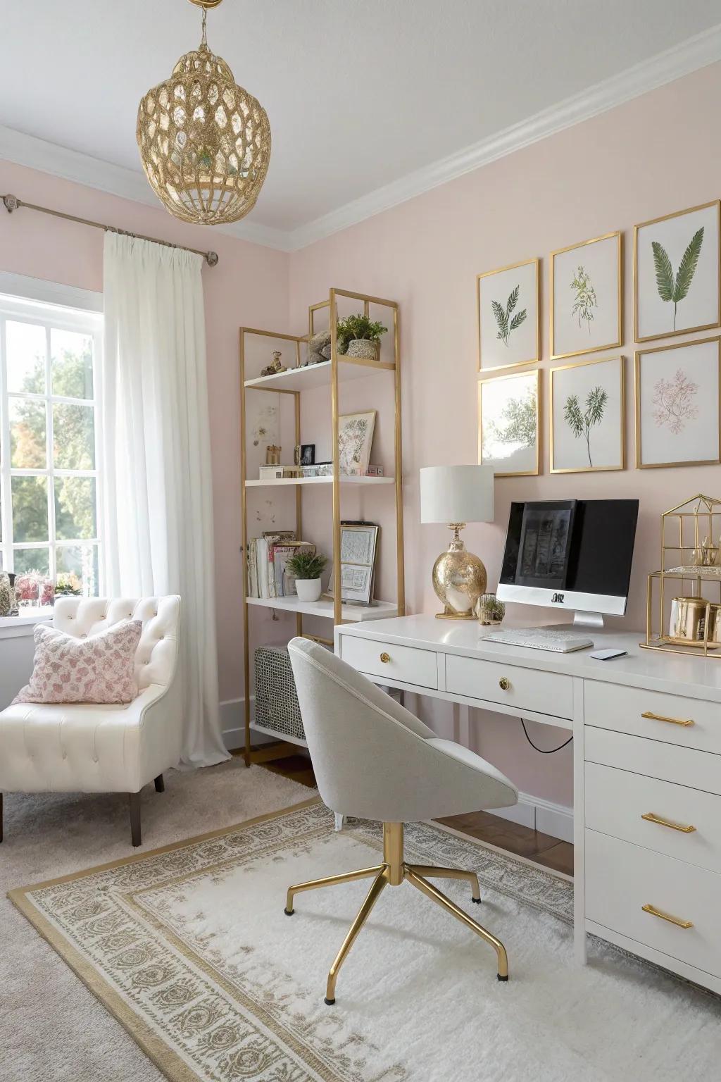 An office bathed in pastel hues and gold accents radiates serenity and class.