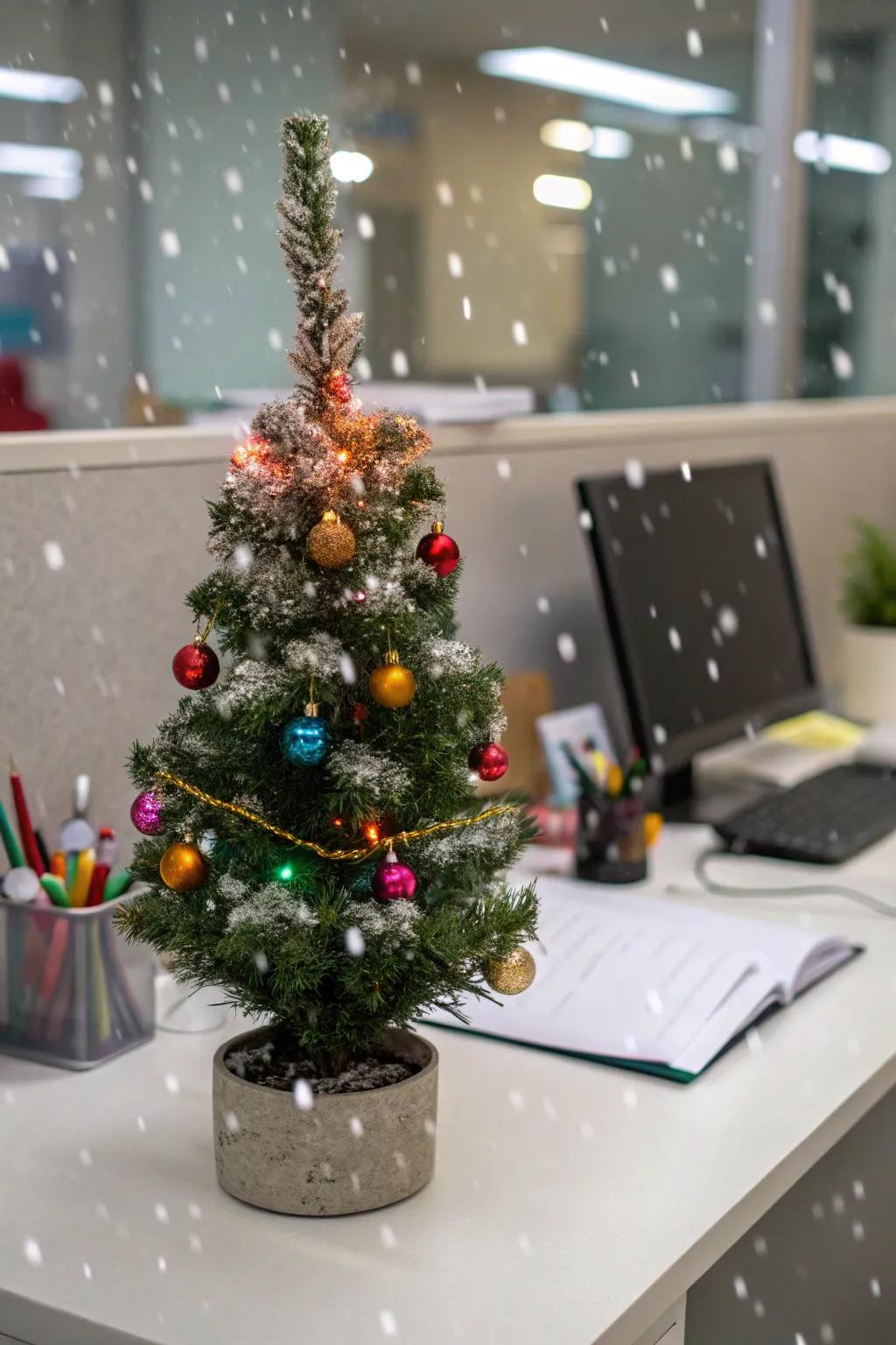 A tiny tree gives a hint of festive enchantment to your workspace.