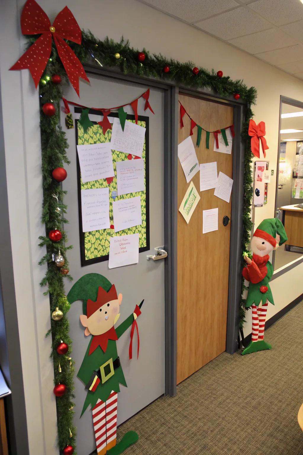 Elves stirring up mischief with office supplies, adding a touch of humor to your door.