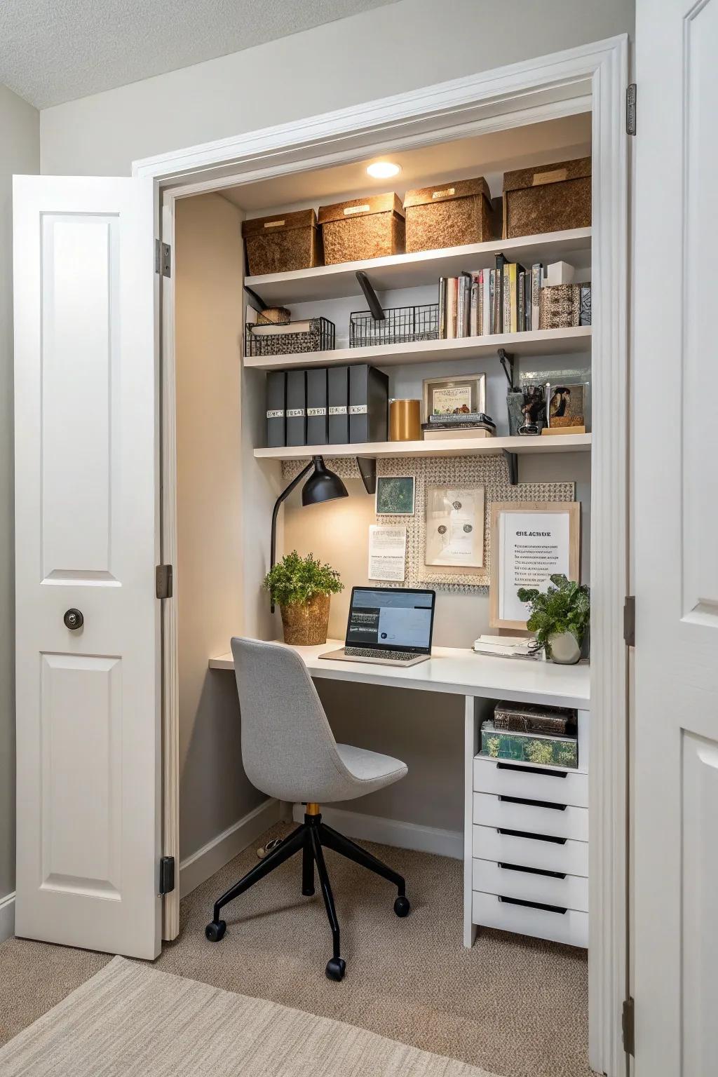 Turn an unused closet into a functional office space that can be hidden away.