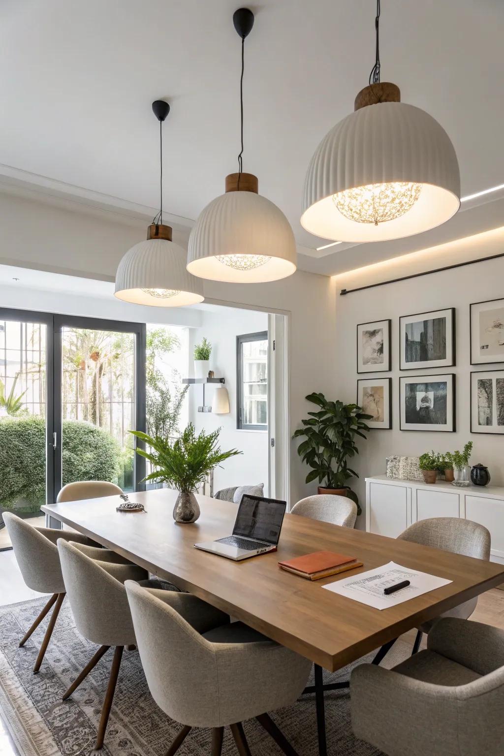 Up-to-date drop lights illuminate a chic meeting space.