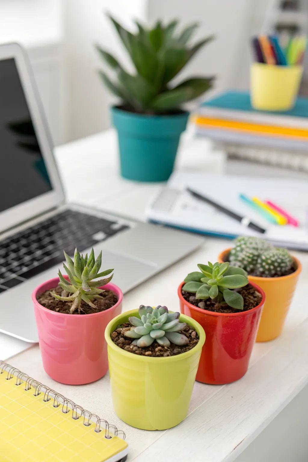 A small succulent garden will give your desk a charming touch.