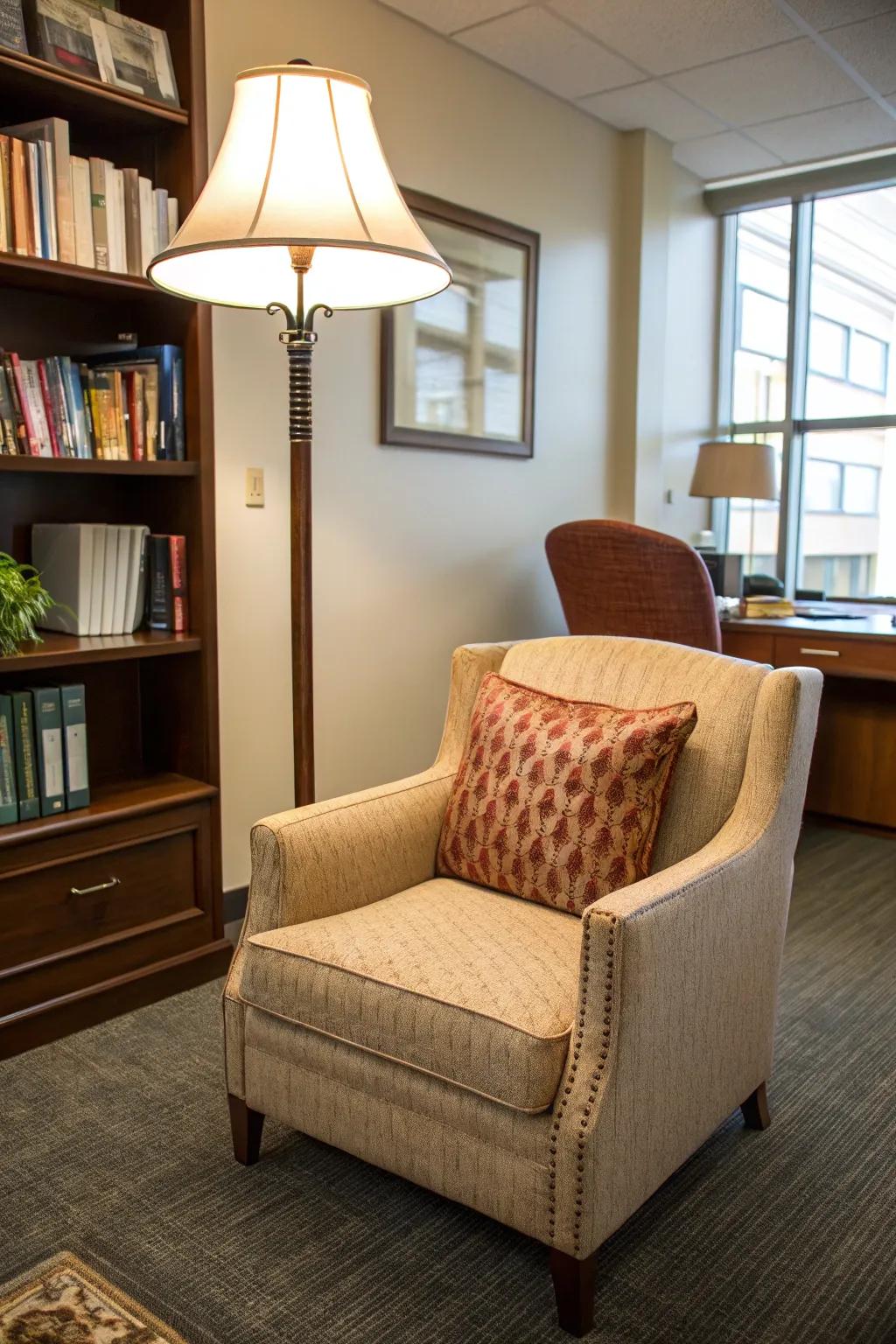 This cozy corner features a plush armchair, perfect for a comfortable reading session.