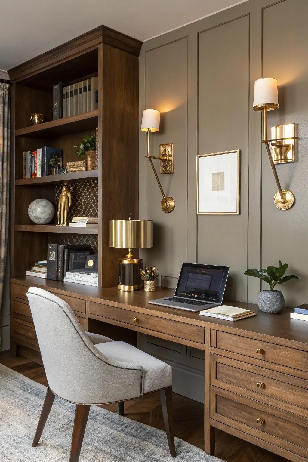 Brass sconces adding a touch of elegance to the office.