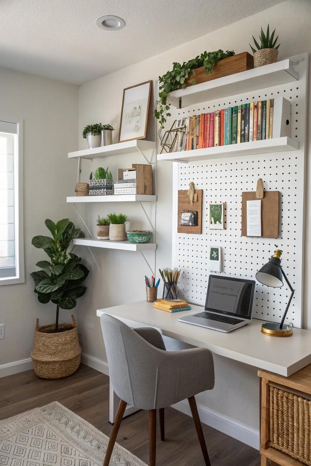 Efficient utilization of vertical space with wall-mounted shelves and a pegboard.