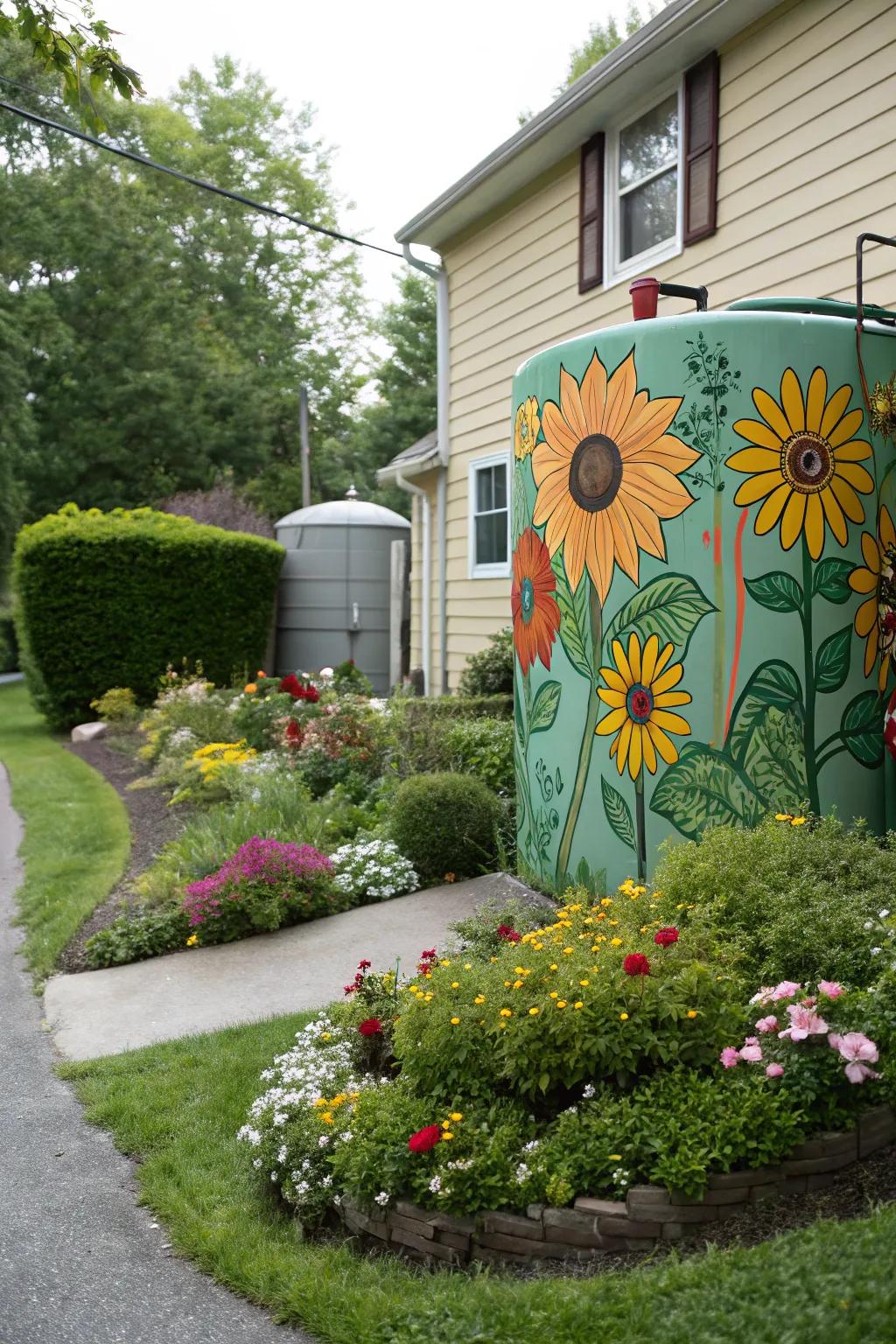 A creatively painted fuel reservoir showcasing a sunflower mural, enhancing the garden's allure.