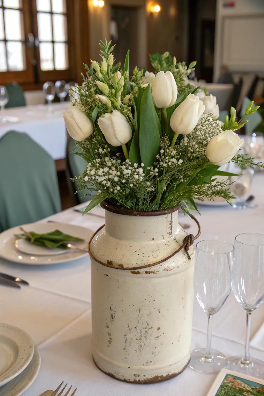 An old-fashioned vessel is the quintessential floral arrangement container.