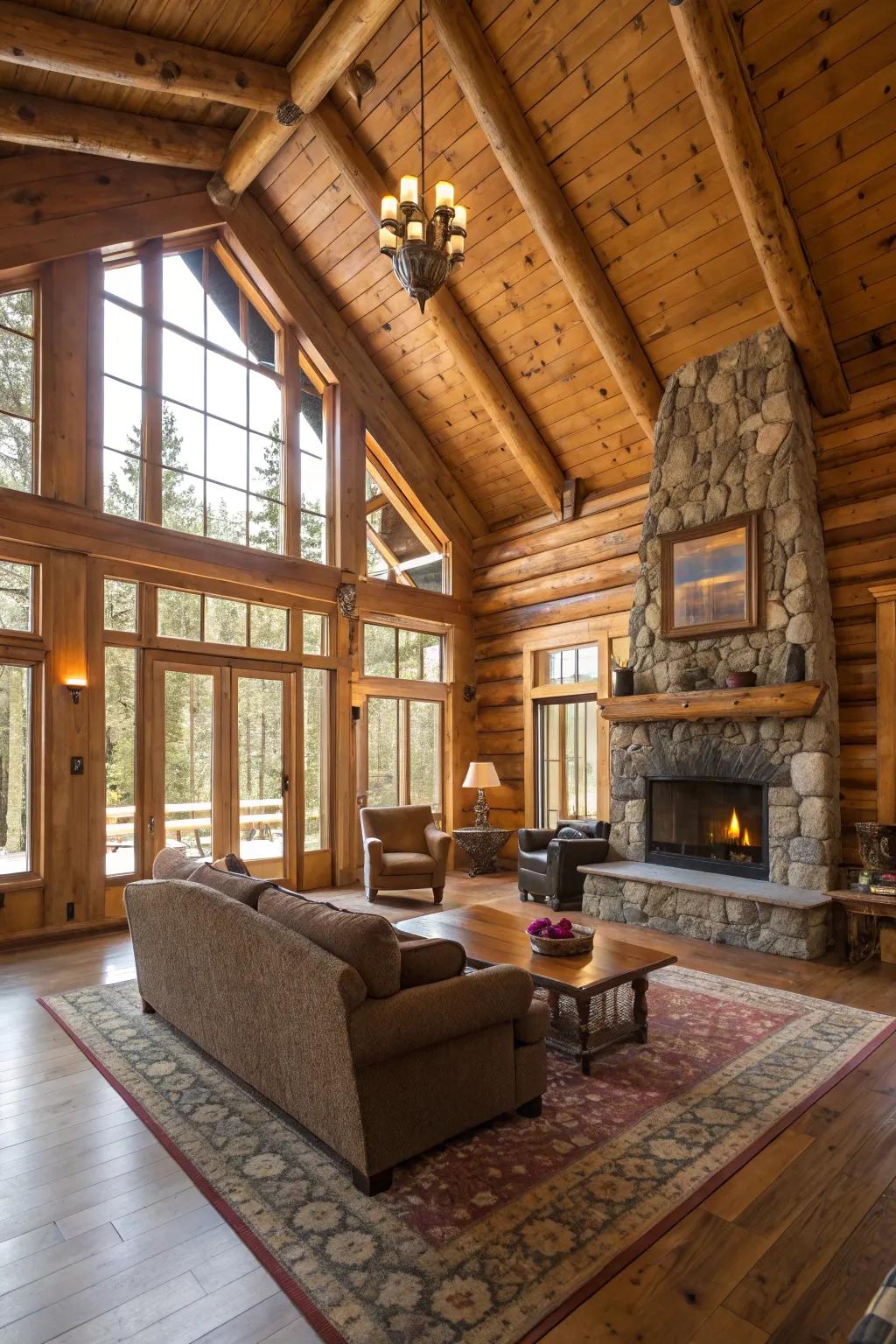 Unrefined interior featuring exquisite wooden paneling and striking exposed beams.