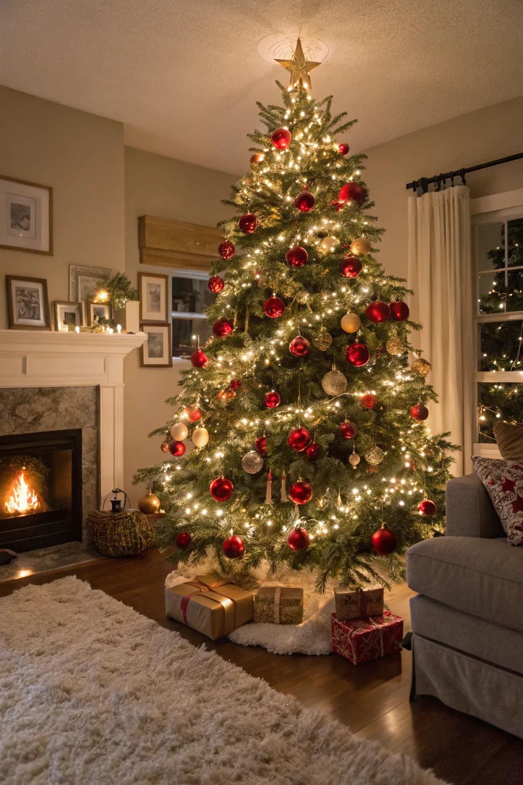 A timeless Christmas tree decorated in red and gold brings enduring elegance.