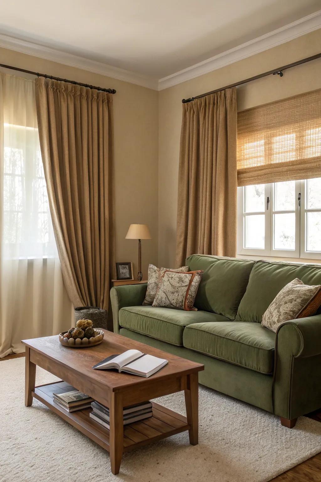 Muted neutrals provide a serene foundation for a forest-shade couch.