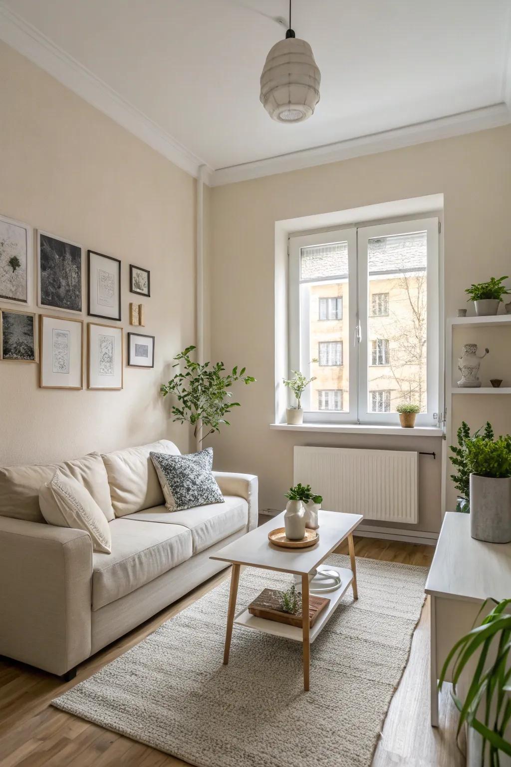 Neutral shades foster a bright and spacious atmosphere.
