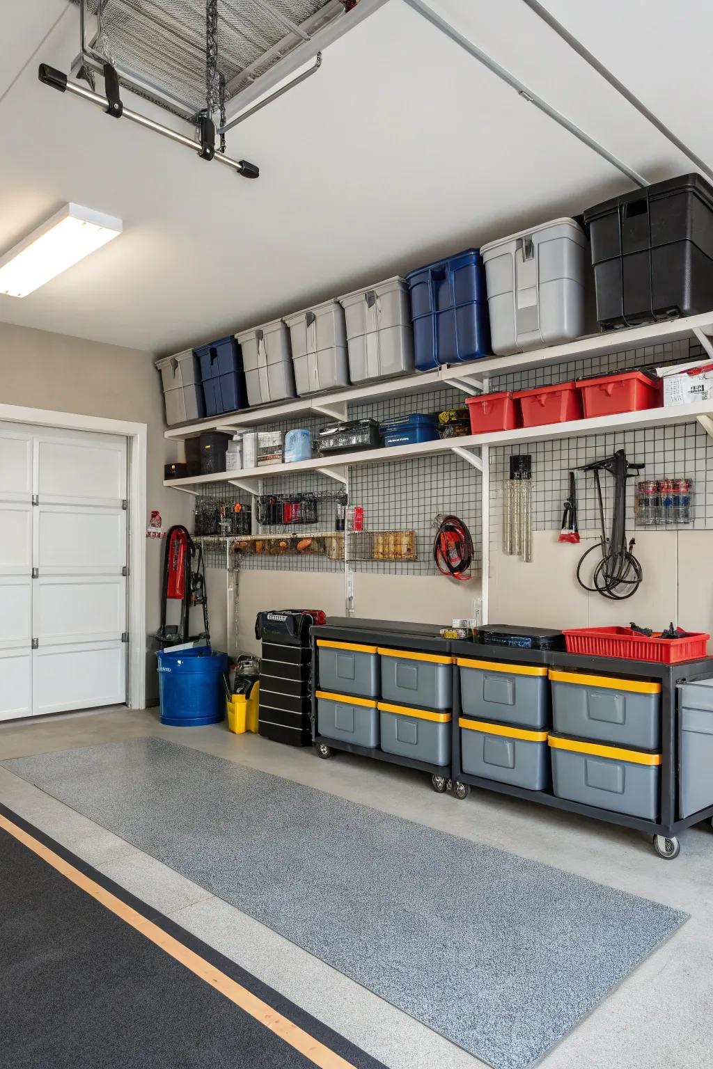 Ceiling storage solutions maximize area within a single-car garage.