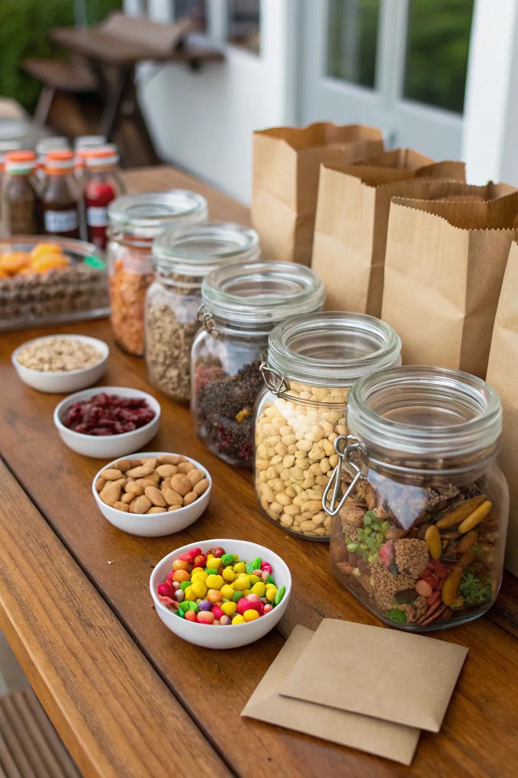 A DIY trail mix bar with an assortment of treats for a personal touch.