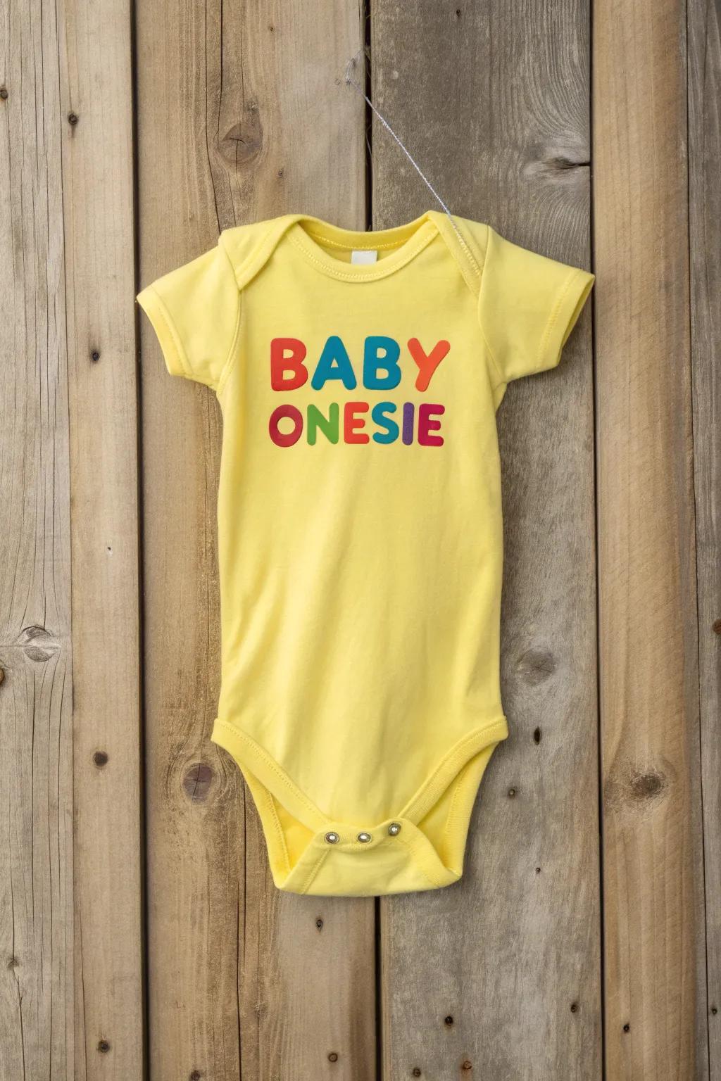 A cheerful onesie featuring a humorous saying, perfect for a giggle.