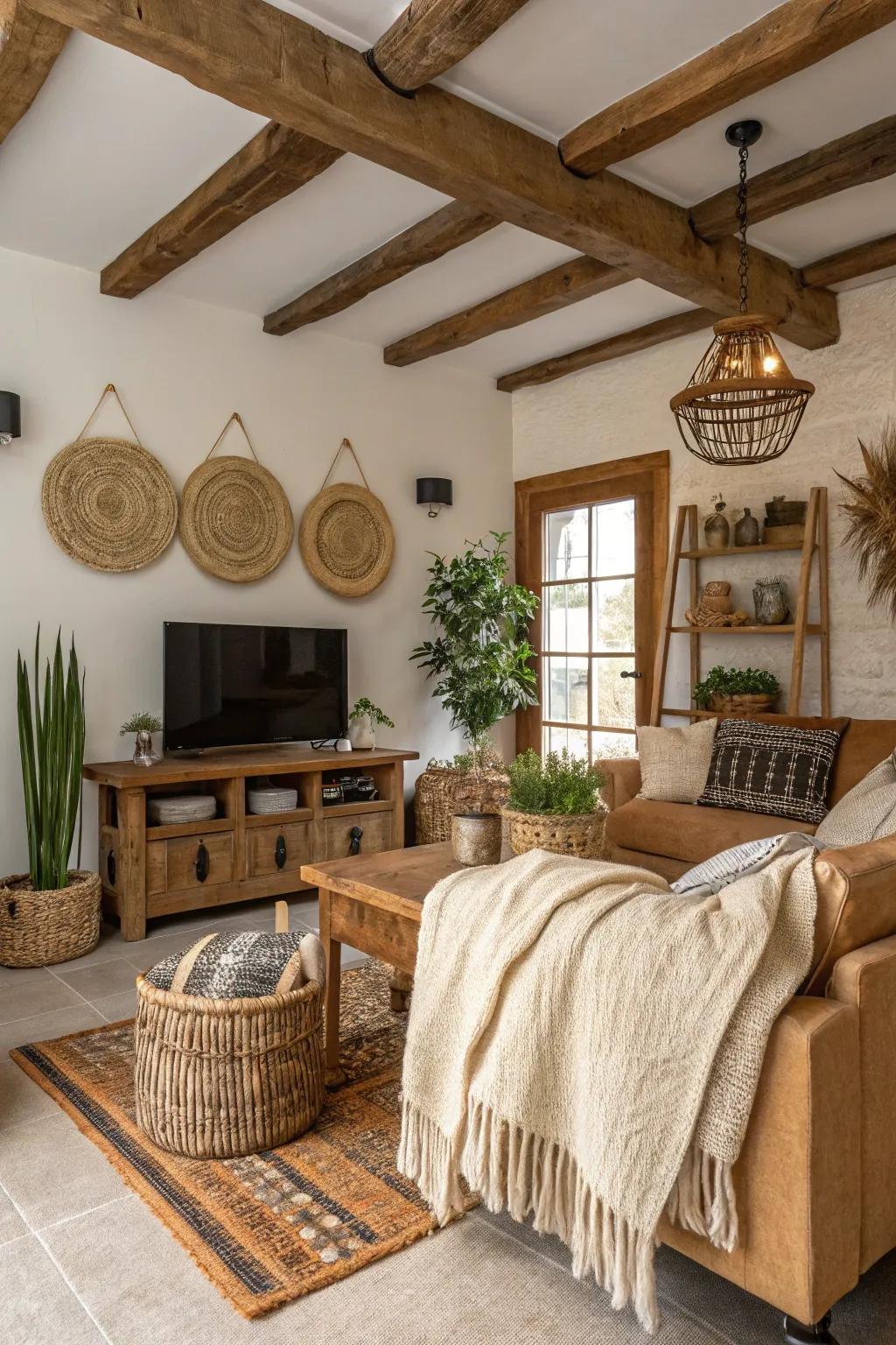 A comfortable family room showcasing exposed timber beams for a cozy, rustic feel.