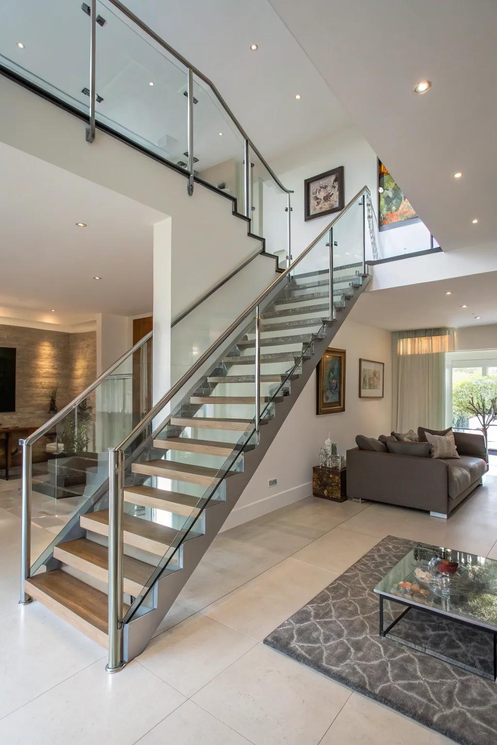 A minimalist exposed stairway enhances the contemporary aesthetic of this dwelling area.