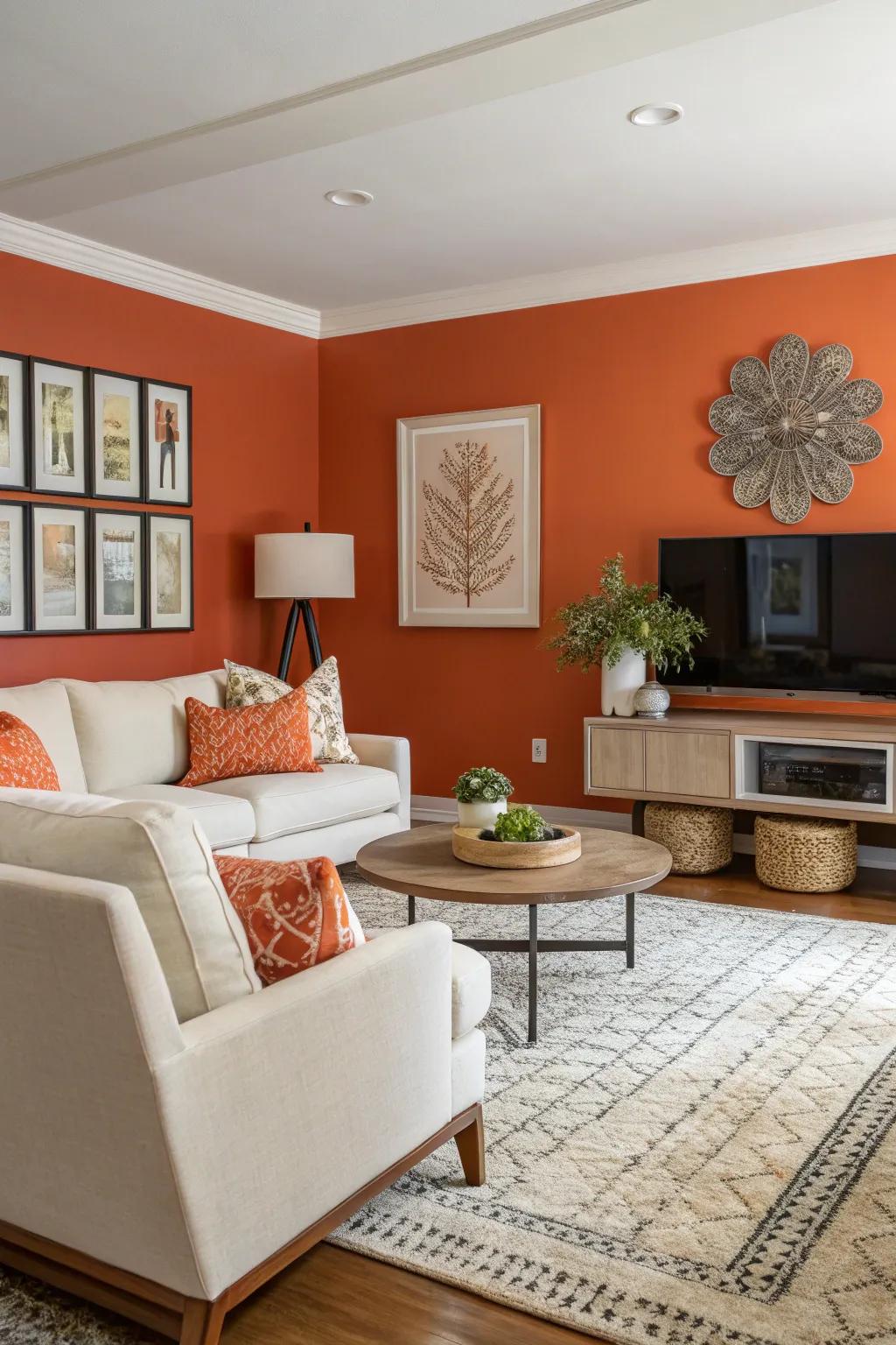 A vibrant tangerine feature wall introduces personality to this contemporary living area.