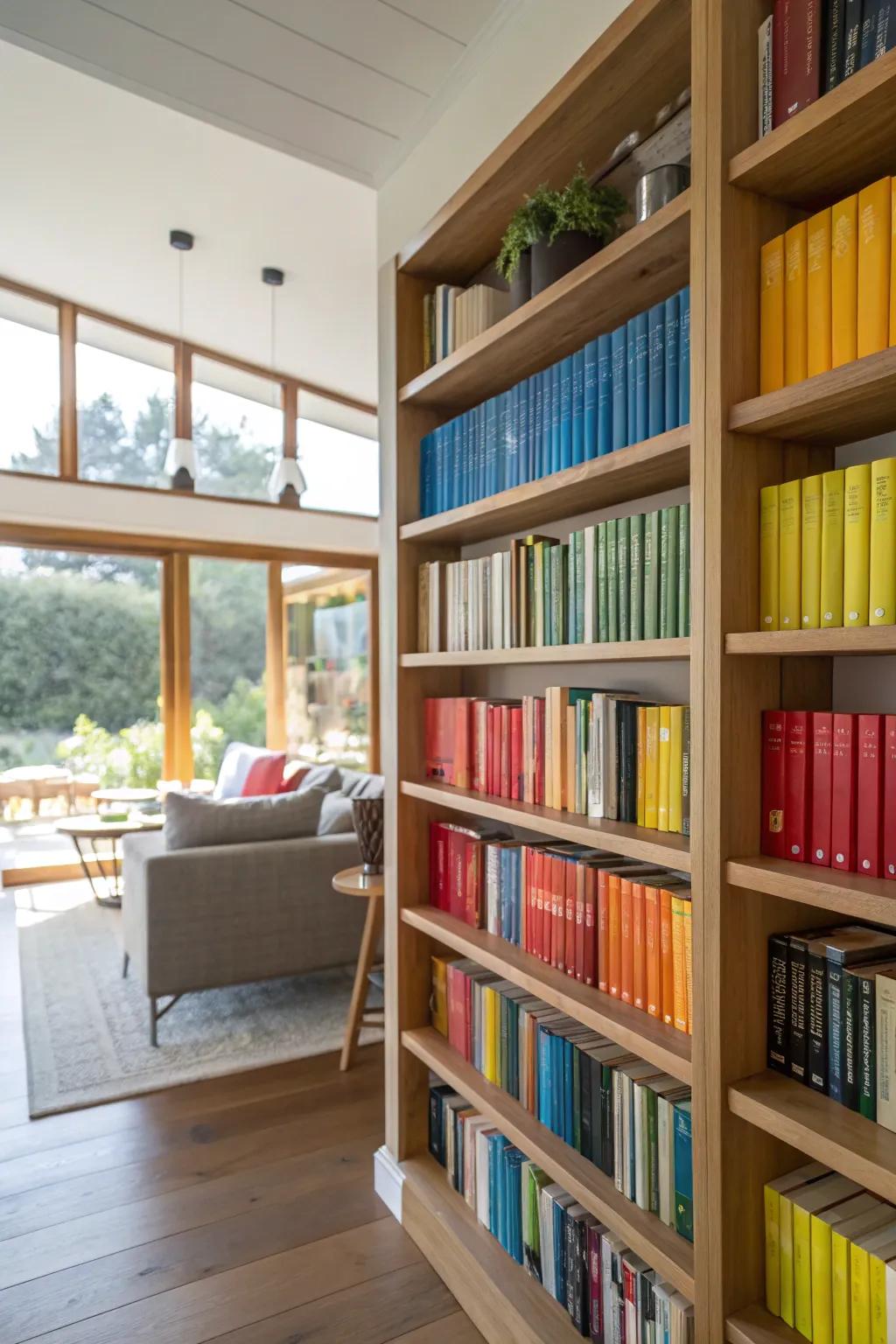 Books arranged by color create a stunning visual display