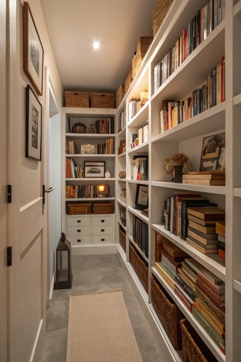 With vertical shelves, this small room stays neat and fashionable.