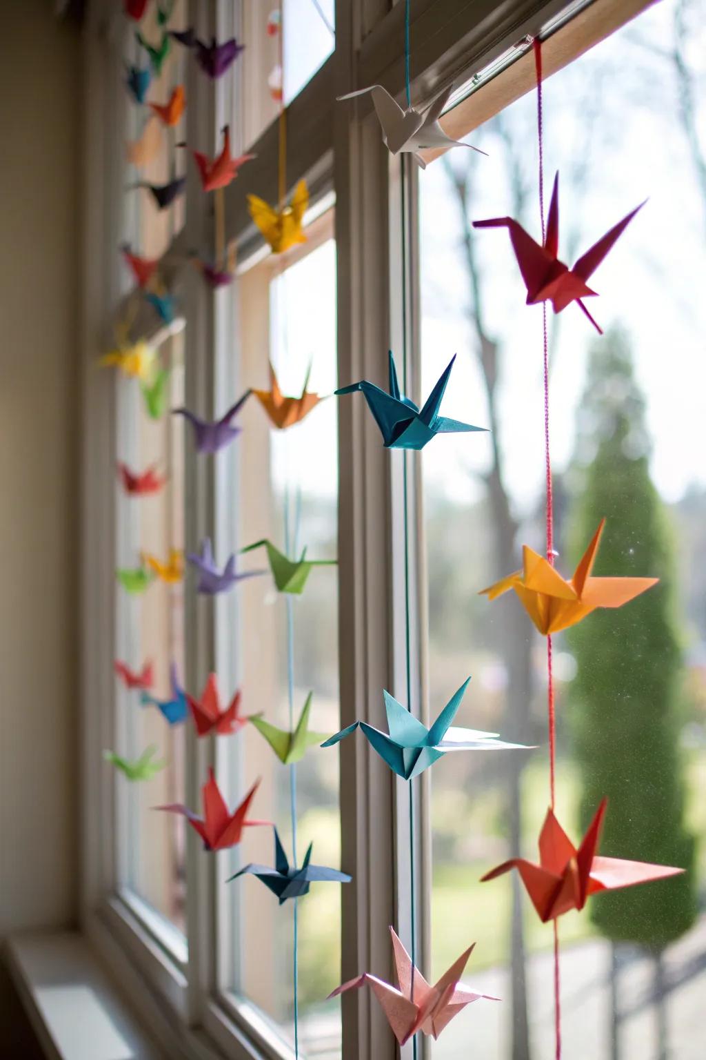 Origami cranes frolicking in the sunlight.