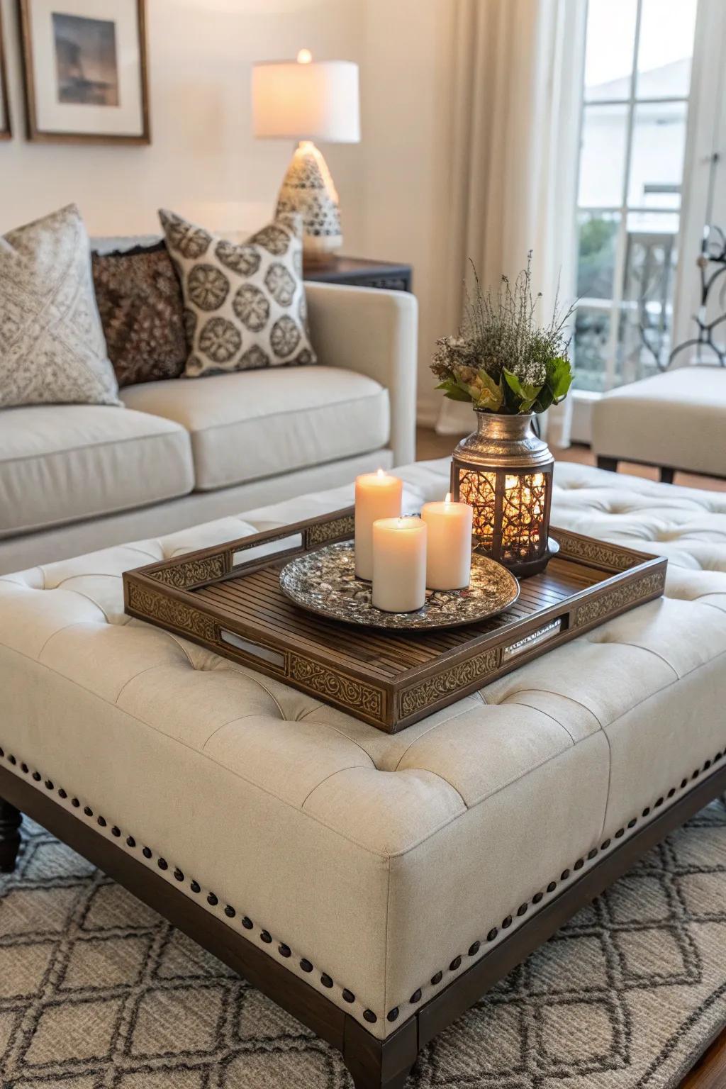 An ottoman stylishly arranged as a coffee spot with decorative accents.