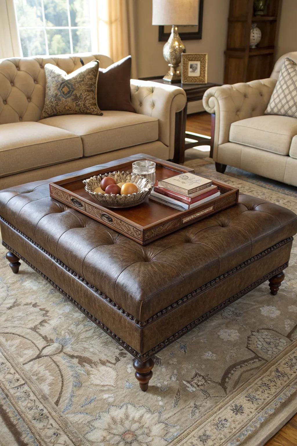 An ottoman serving as an inviting coffee table focal point