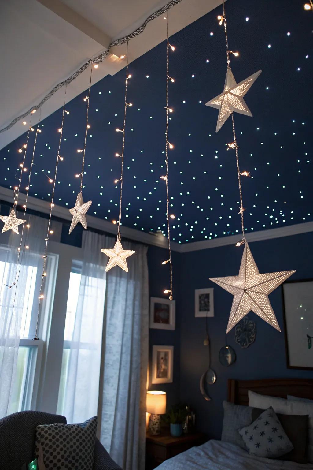 A ceiling transformed into a starry night sky with twinkling lights and hanging stars.