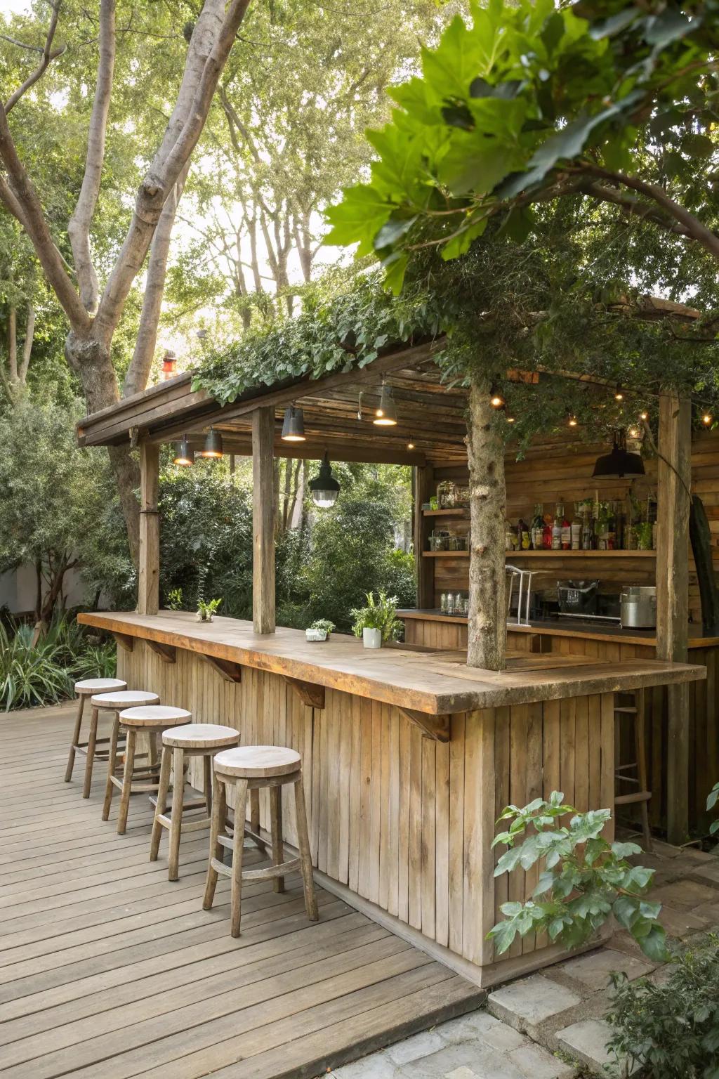 A rustic wooden bar blends seamlessly with the garden.