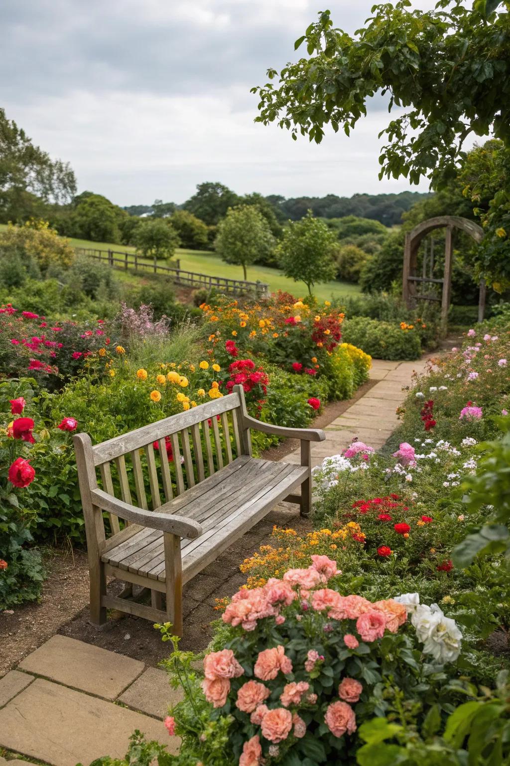 A garden bench peacefully set amongst lively blooms.