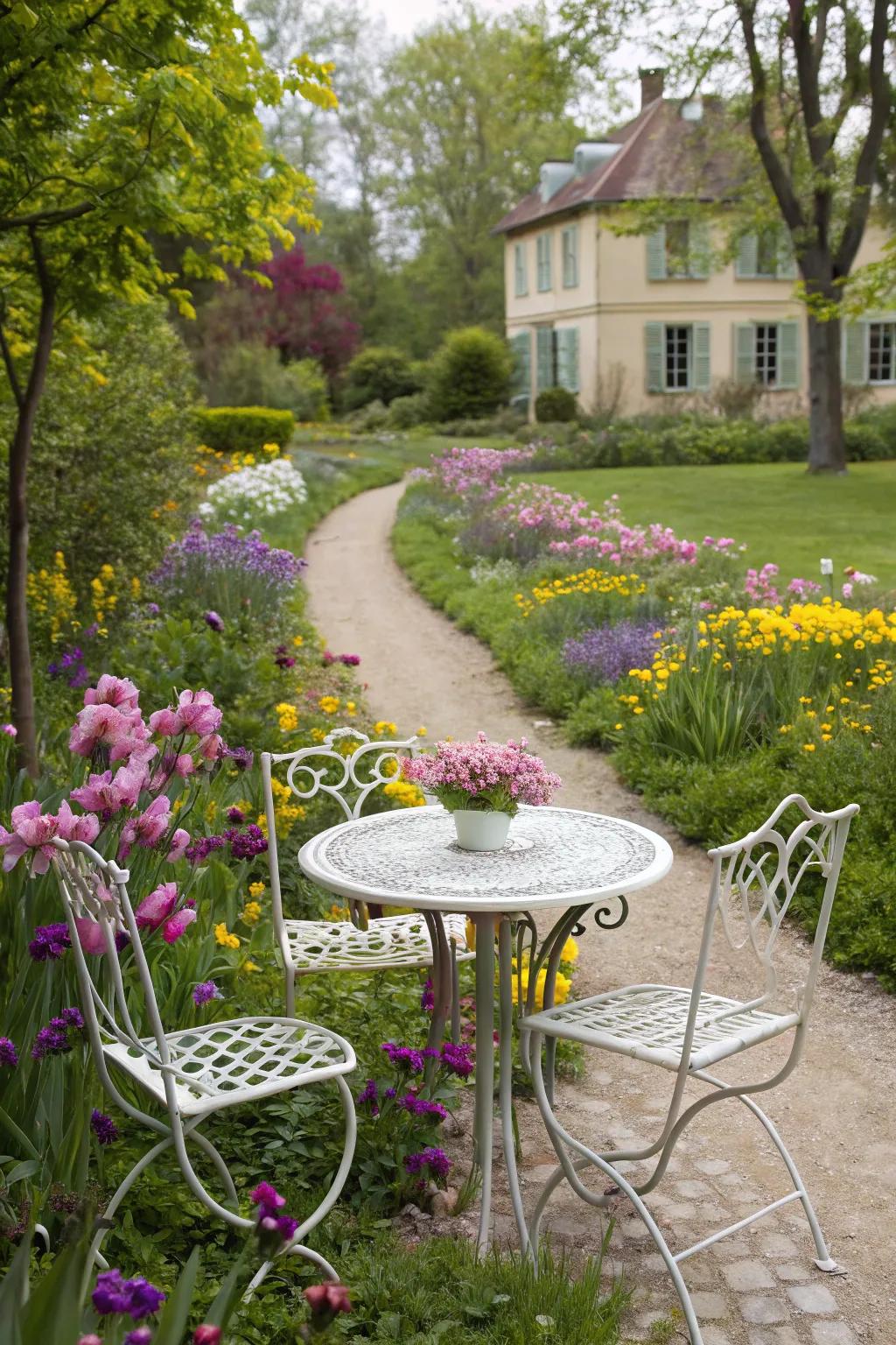 Classic charm radiates from a wrought iron patio set amidst lush garden blooms.