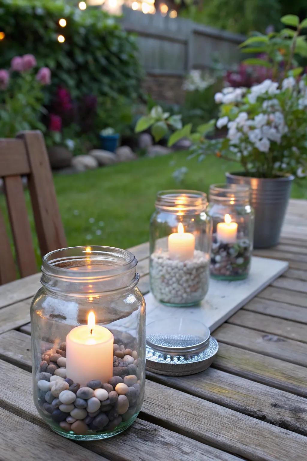 Glass jars are very adaptable and add a charming touch as candle holders.