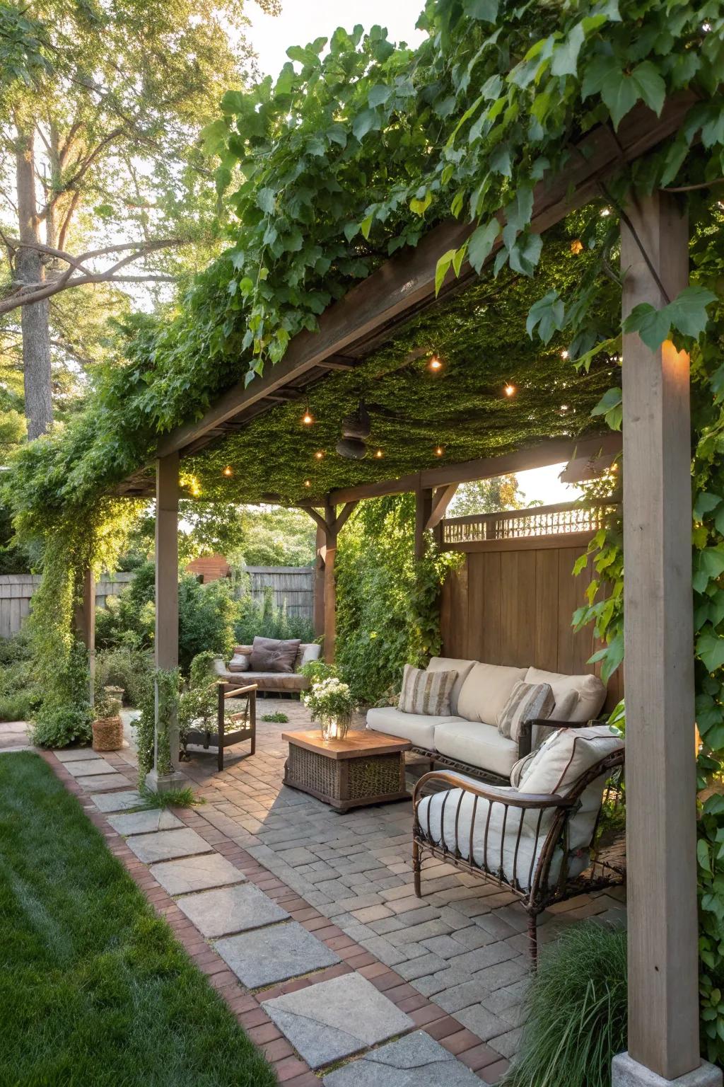 A pergola adorned with abundant greenery forms a tranquil garden hideaway.