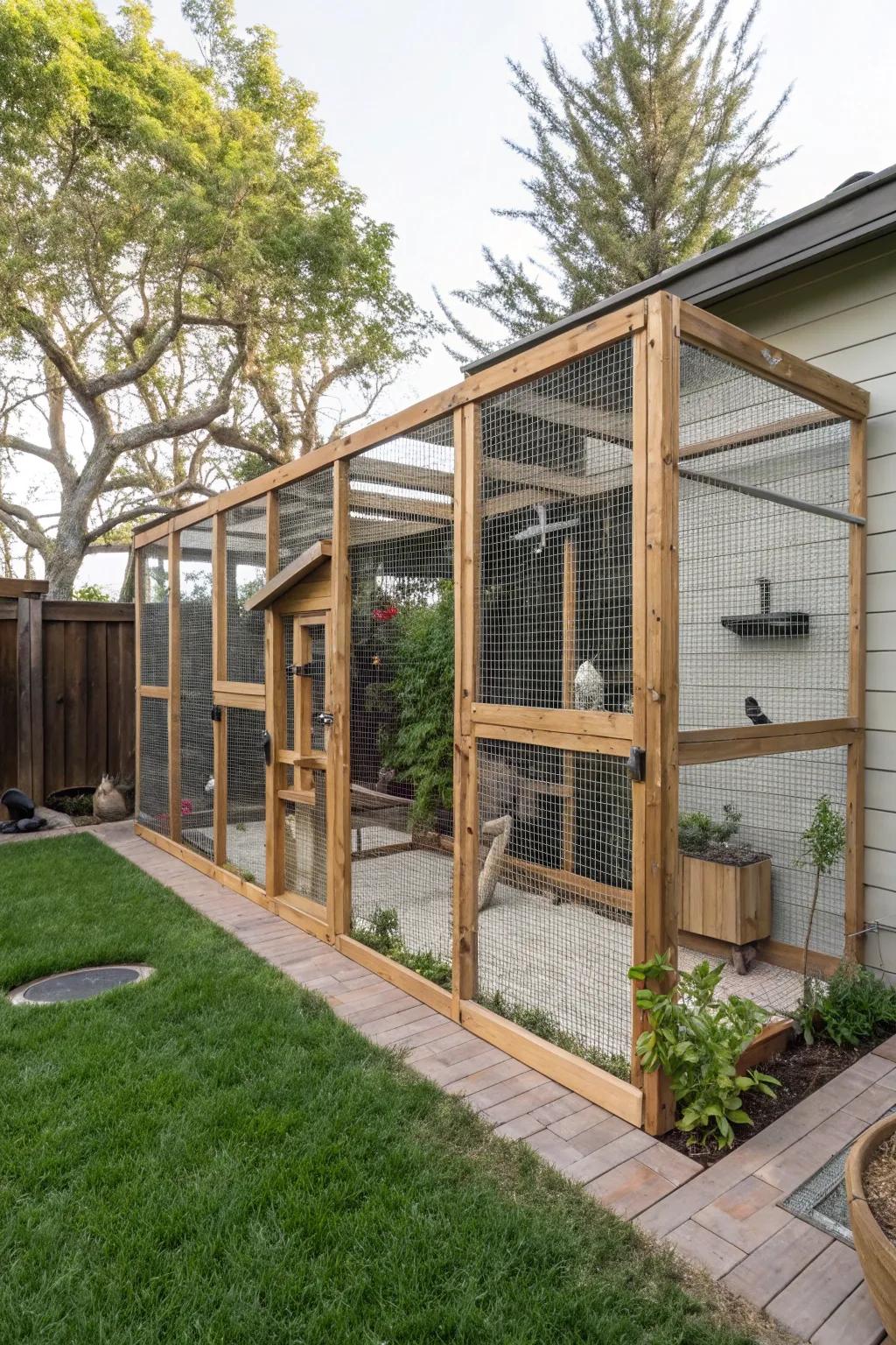A secure and elegant enclosed cat haven for outdoor feline enjoyment.