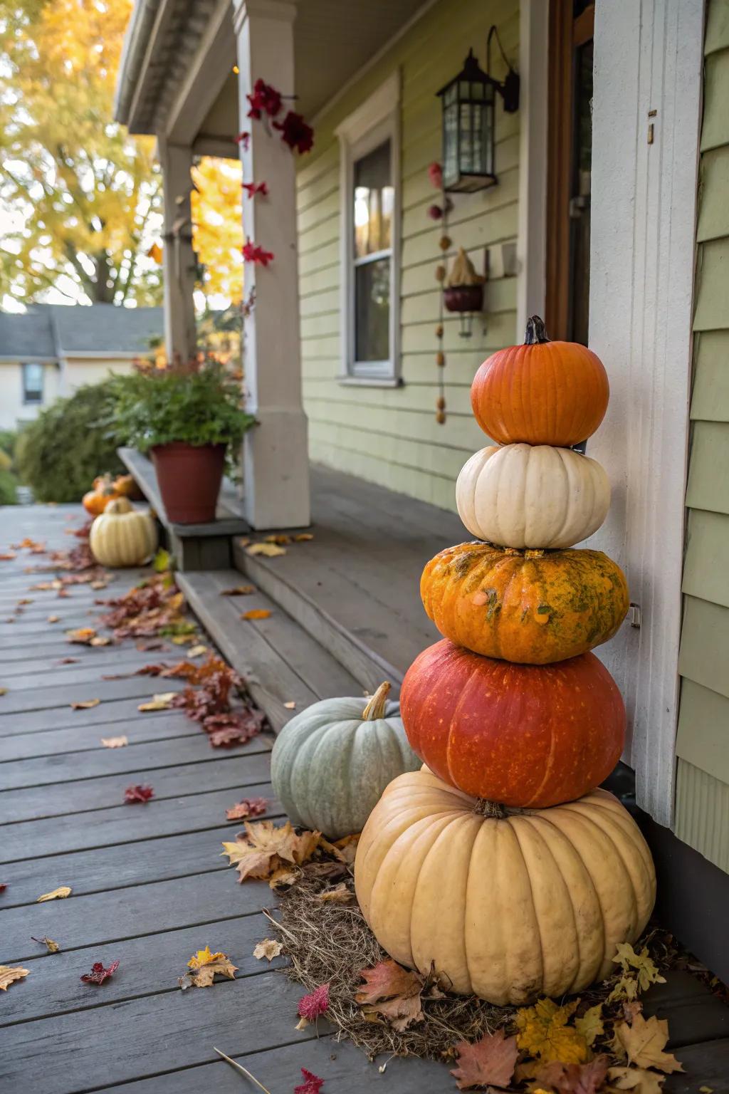 A collection of stacked squashes creating a whimsical fall focal point.