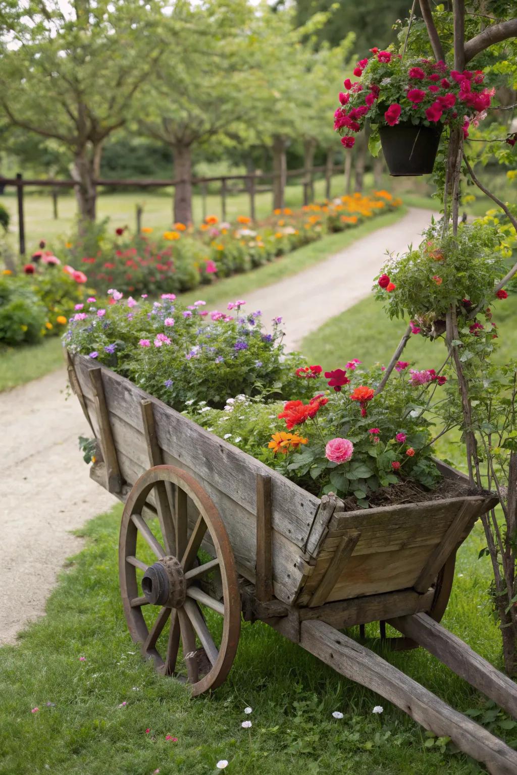 An antique farm cart brimming with lively flowers adds a rustic touch to the garden.