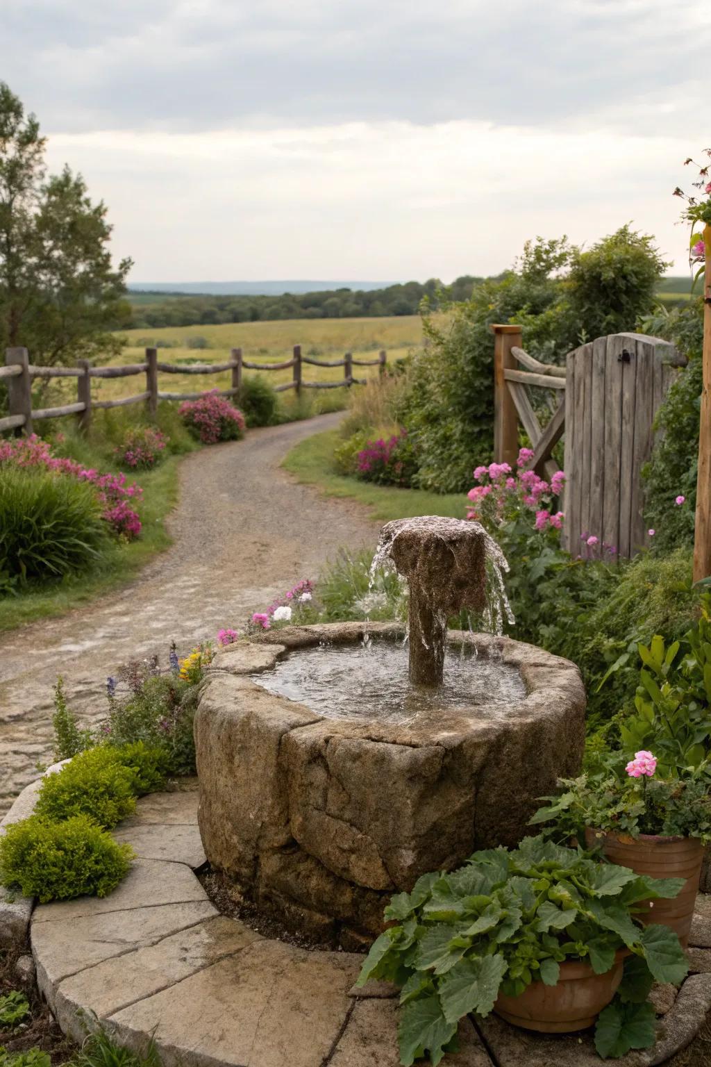 A stone-sourced fountain effortlessly harmonizing with the garden's natural elements.