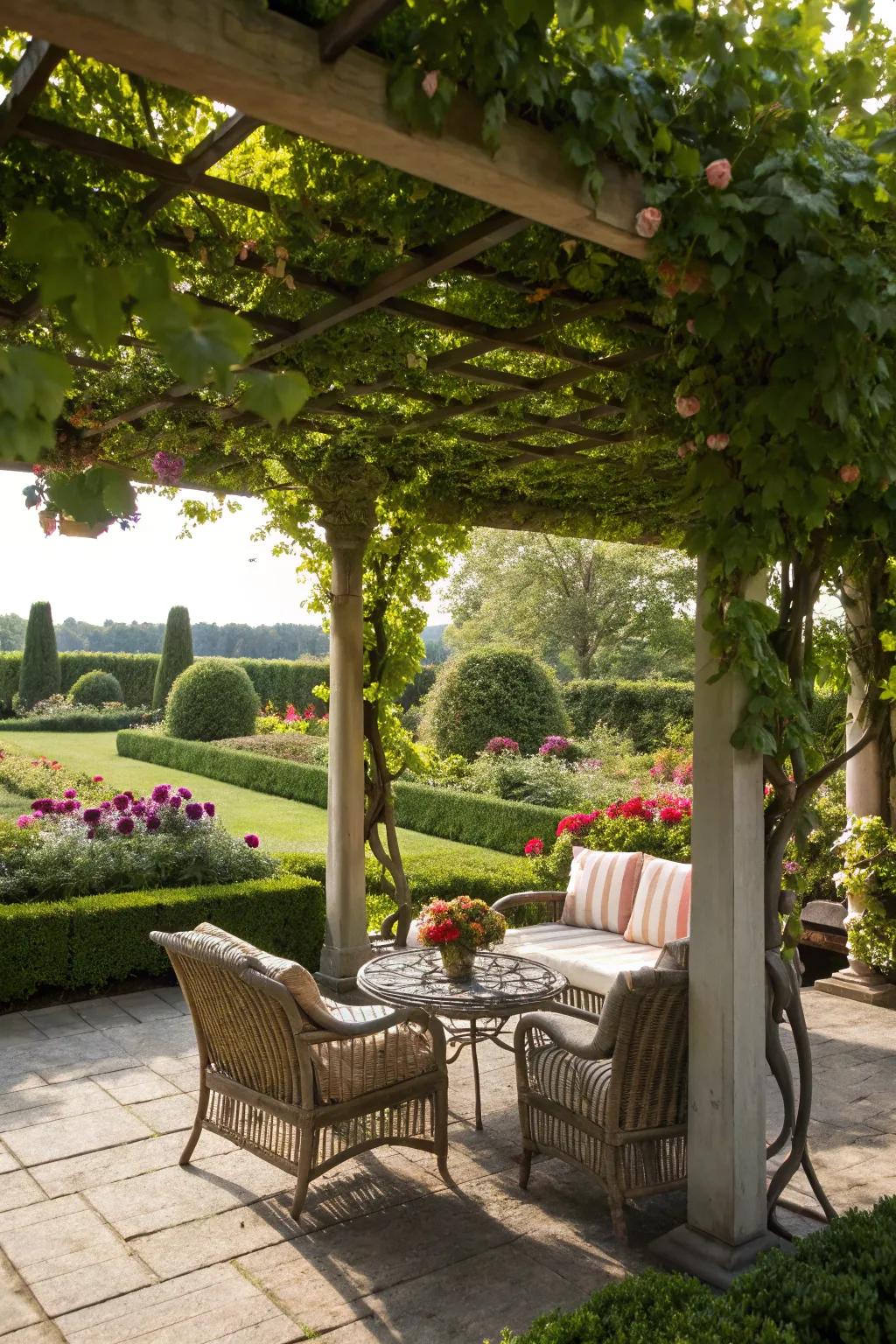 A delightful structure offering shade and style in a garden setting.