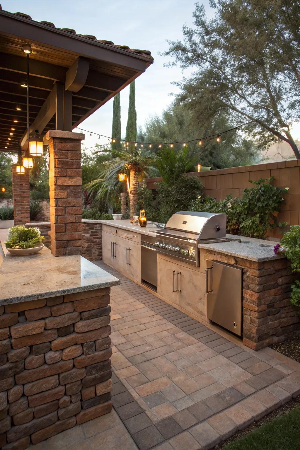 Natural stone and brick add durability and charm to your outdoor kitchen.