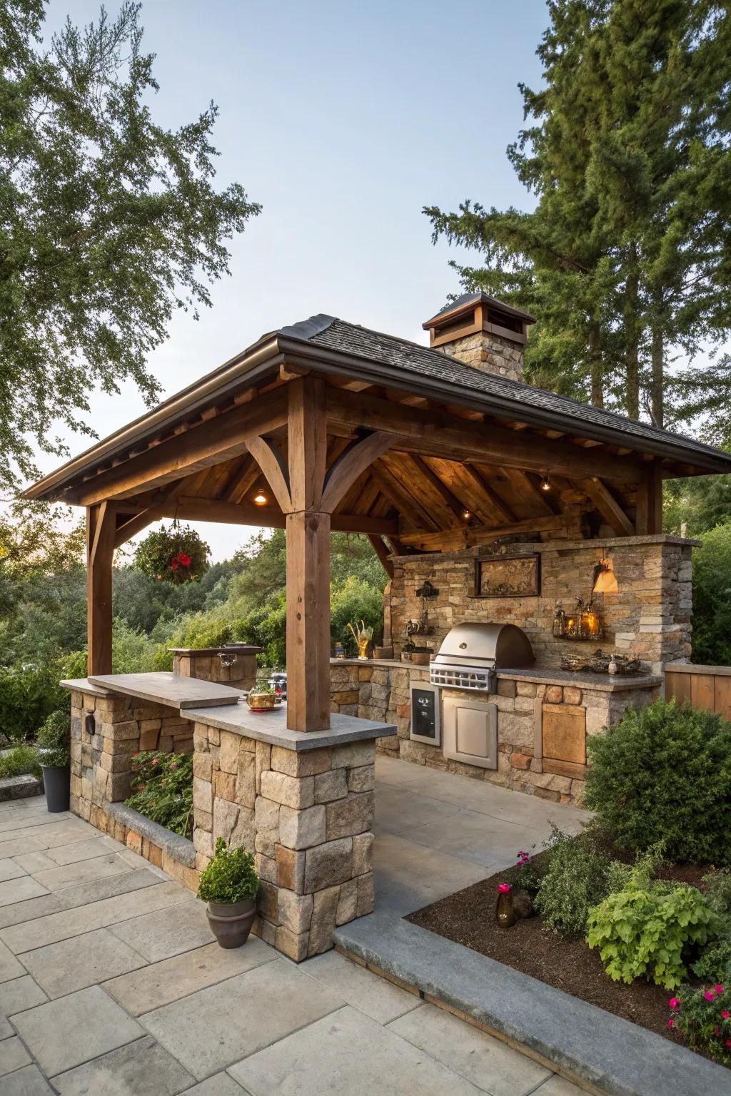 Savor the allure of rustic design with a wood and stone outdoor kitchen gazebo.