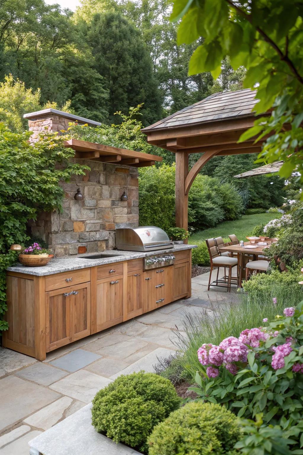 Rustic charm is captured using natural elements in this delightful kitchen space.