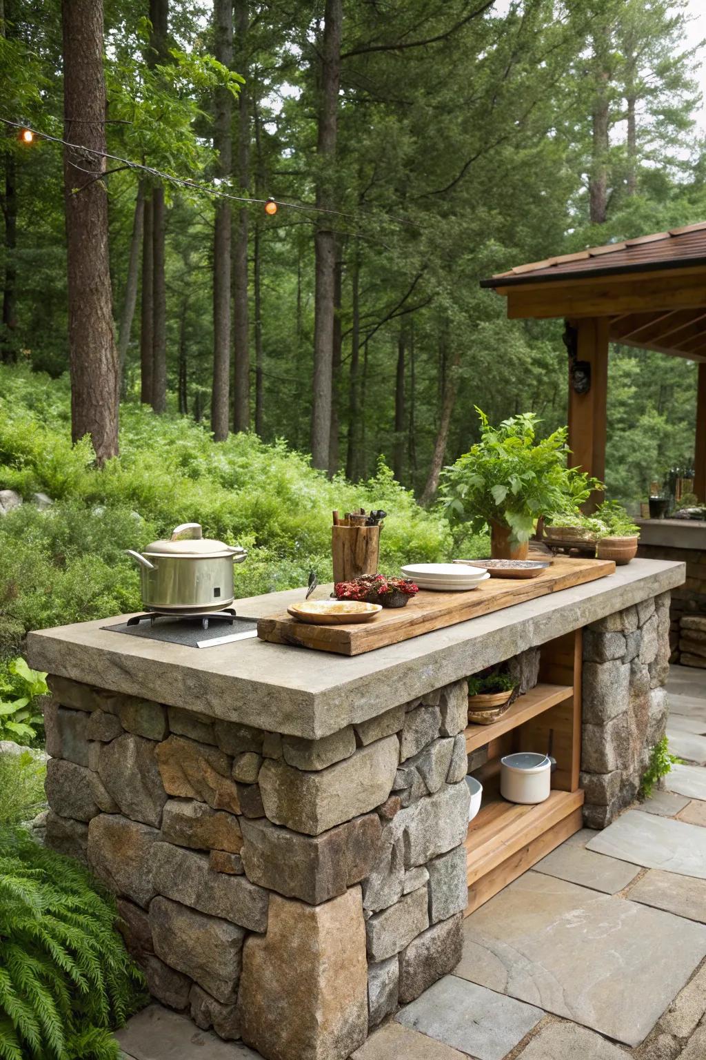 A stunning outdoor kitchen island crafted from stone and wood, nestled amidst lush greenery.