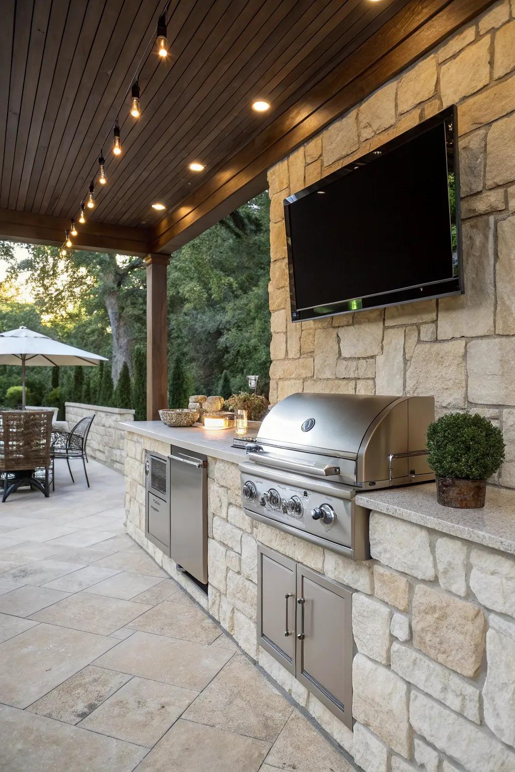 A classic stone finish adds enduring elegance to your outdoor kitchen with a TV setup.