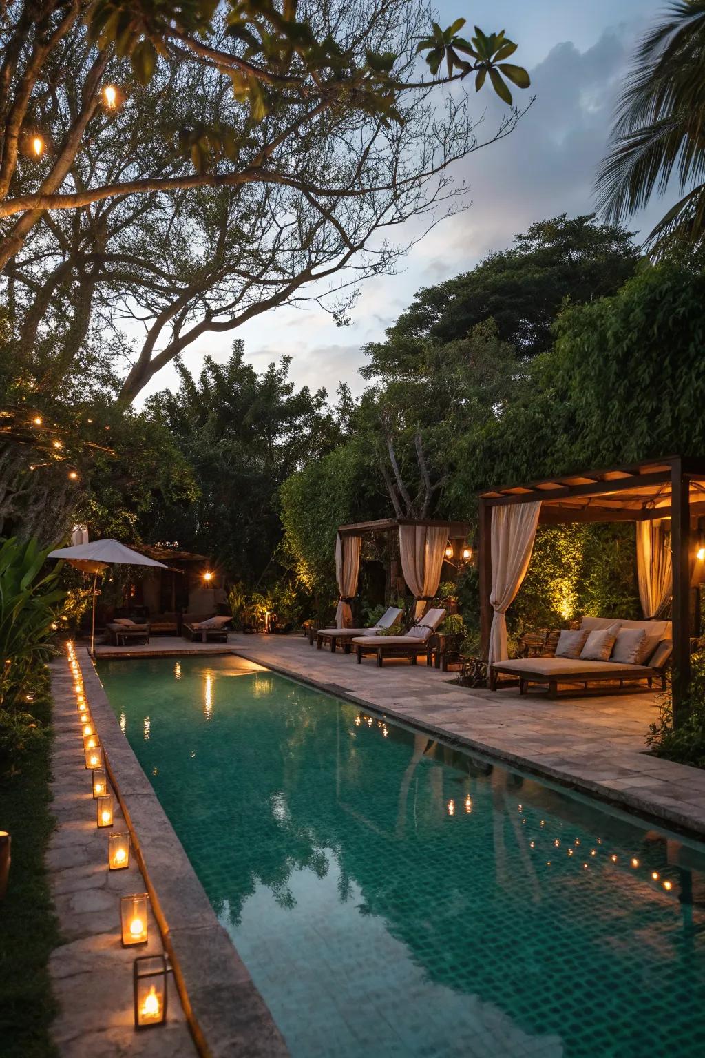 Gentle ambient lighting for a serene and welcoming poolside setting.