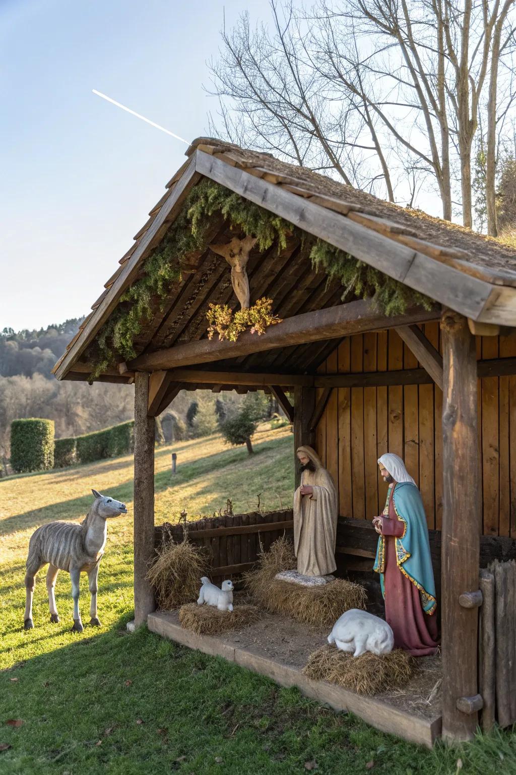 Treasure tradition with a homespun timbered shelter manger backdrop.