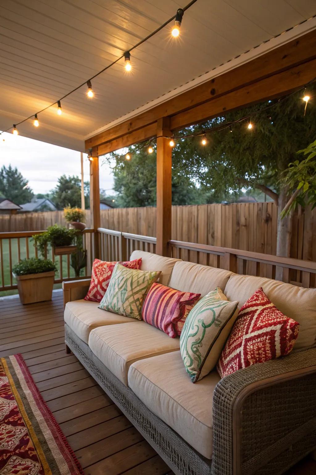 A luxurious sofa decorated with vibrant cushions creates an appealing porch setting.