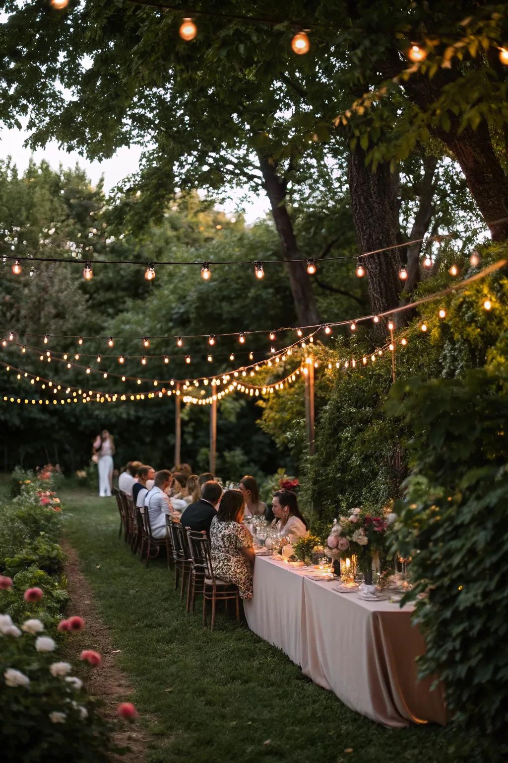 Shimmering lights conjure a magical mood for an outdoor gathering.