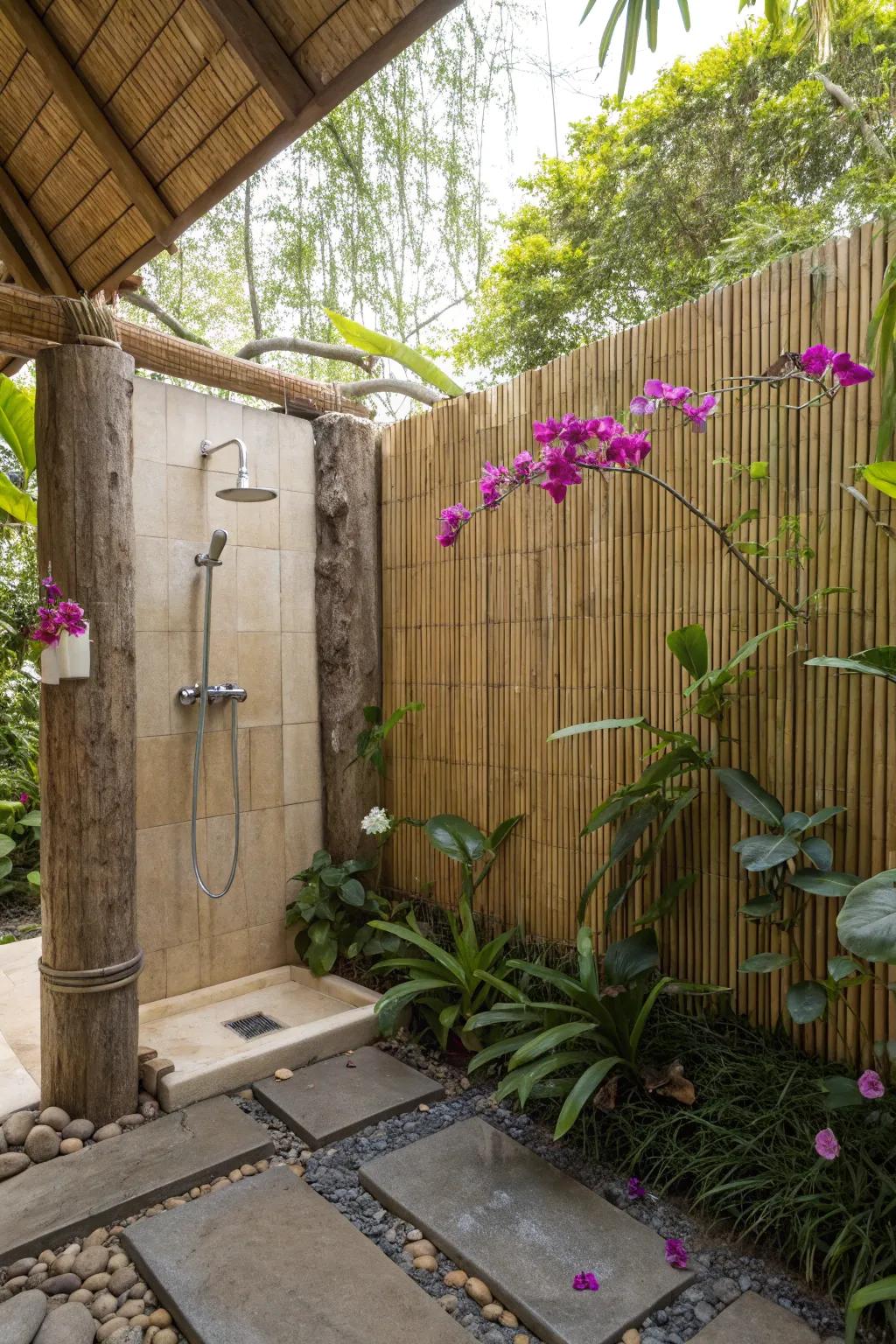 An exotic outdoor shower is adorned with reed walls and tropical flowers.