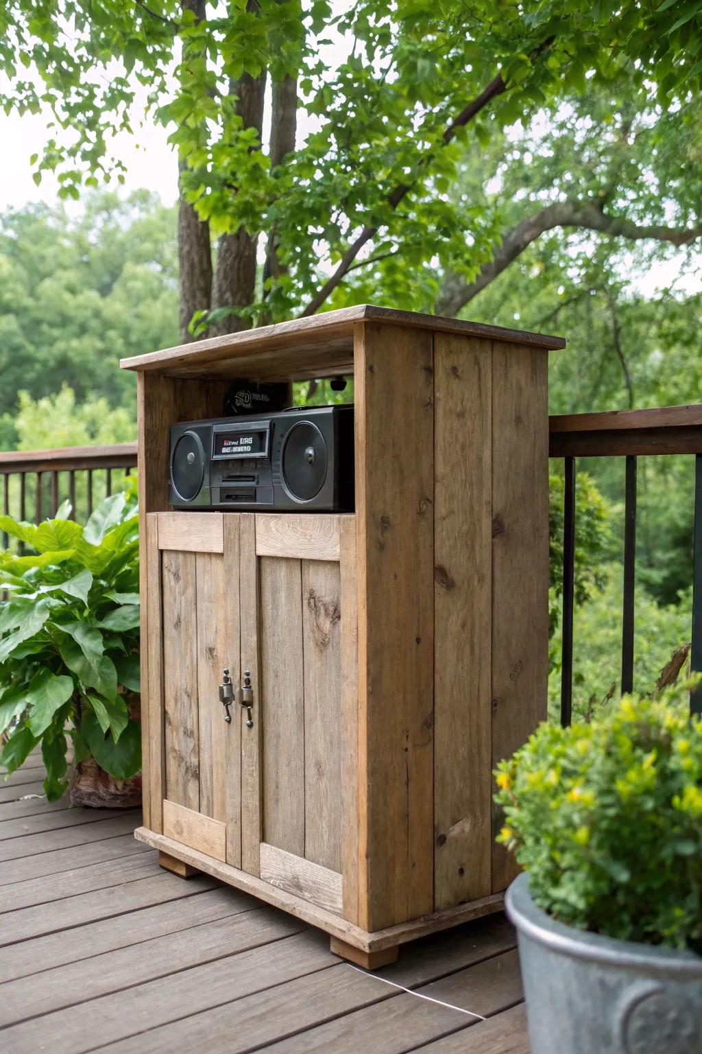 A weatherproof wooden cabinet effortlessly blends into outdoor environments.