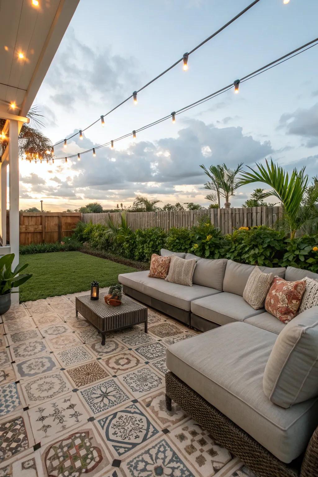 Design a welcoming lounge space with elegant patio tiles.
